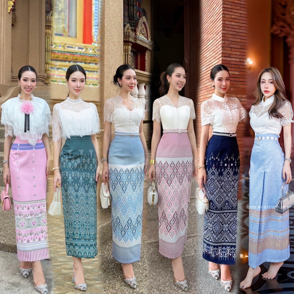 S-XXL ชุดไทยประยุกต์ เสื้อลูกไม้สีขาว+ผ้าถุงลายไทย สีฟ้า,ชมพู,กรม,เขียว,ม่วง ใส่ทำบุญ งานแต่งงานบวช 