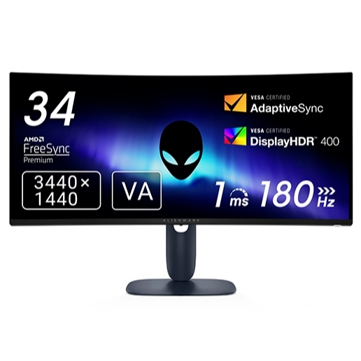 Alienware AW3425DWM Gaming Monitor 1500R WQHD 3440x1440 HDR400, VA Panel, 180hz 1ms AMD FreeSync Pre