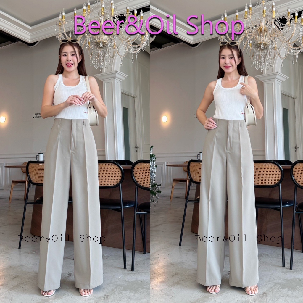 B0025  Beer&Oilกางเกงขายาวเอวสูงผ้าลิลลี่งานตะขอหน้าขอบในตัวหน้าเรียบ แต่งดีไซน์หูเข็มขัด