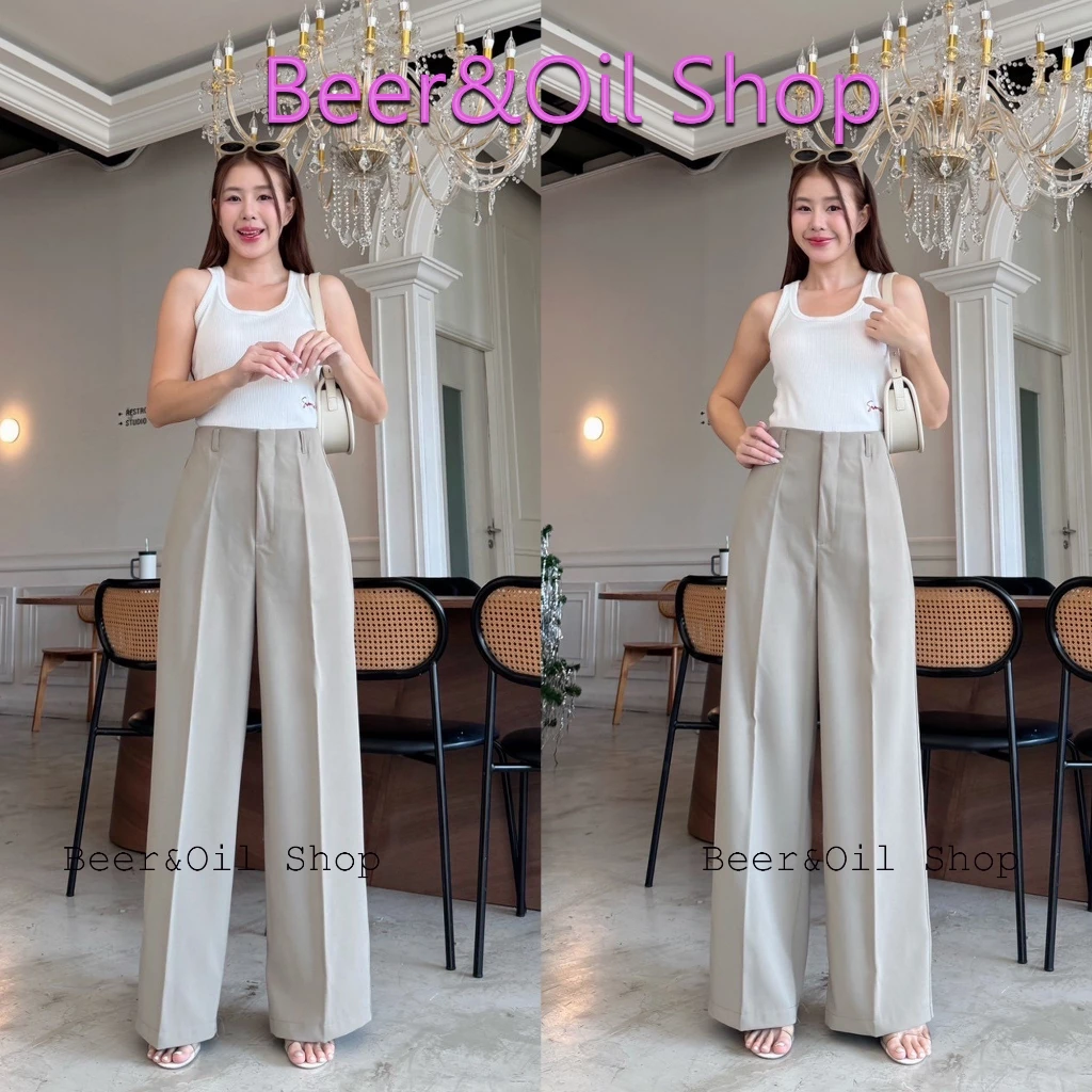 B0025 Beer&Oilกางเกงขายาวเอวสูงผ้าลิลลี่งานตะขอหน้าขอบในตัวหน้าเรียบ แต่งดีไซน์หูเข็มขัด