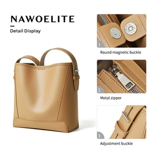 NAWOELITE Bucket Bag กระเป๋าถังหนังแท้คลาสสิก สำหรับผู้หญิง กระเป๋าสะพายไหล่ พร้อมสายสะพายปรับความยาวได้ กระเป๋า Crossbo