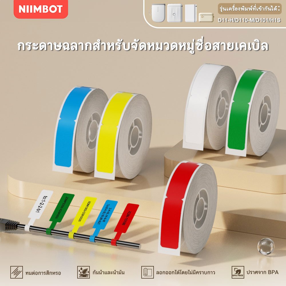 NIIMBOT D11/D110/D101 กระดาษฉลากสาย ระบุสายข้อมูล เส้นไฟเบอร์ ป้ายแท็กสายไฟ ผู้จัดระเบียบป้ายเครือข่