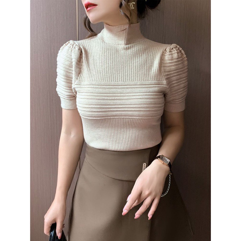 เสื้อไหมพรมแขนสั้น คอเต่า ทรงรัดรูป สไตล์เกาหลี #23057