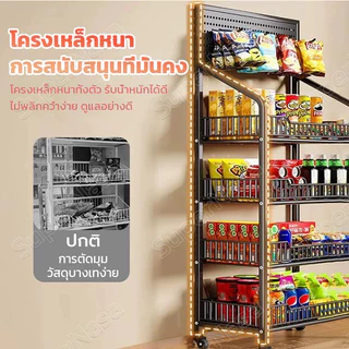 ชั้นวางของ ชั้นวางขนม ชั้นวางซุปเปอร์มาร์เก็ต มีล้อ ขอเกี่ยวด้านบนสำหรับแขวนสิ่งของ ั้นวางของสำหรับร้านค้า ชั้นวางลึก