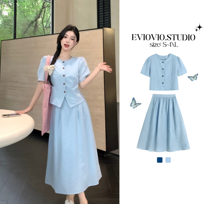【EVIOVIO】ใหม่💫ชุดเซตกระโปรงสไตล์วินเทจ เสื้อแขนพอง + กระโปรงยาว เดรสออกงาน สำหรับสาวอวบ พลัสไซซ์