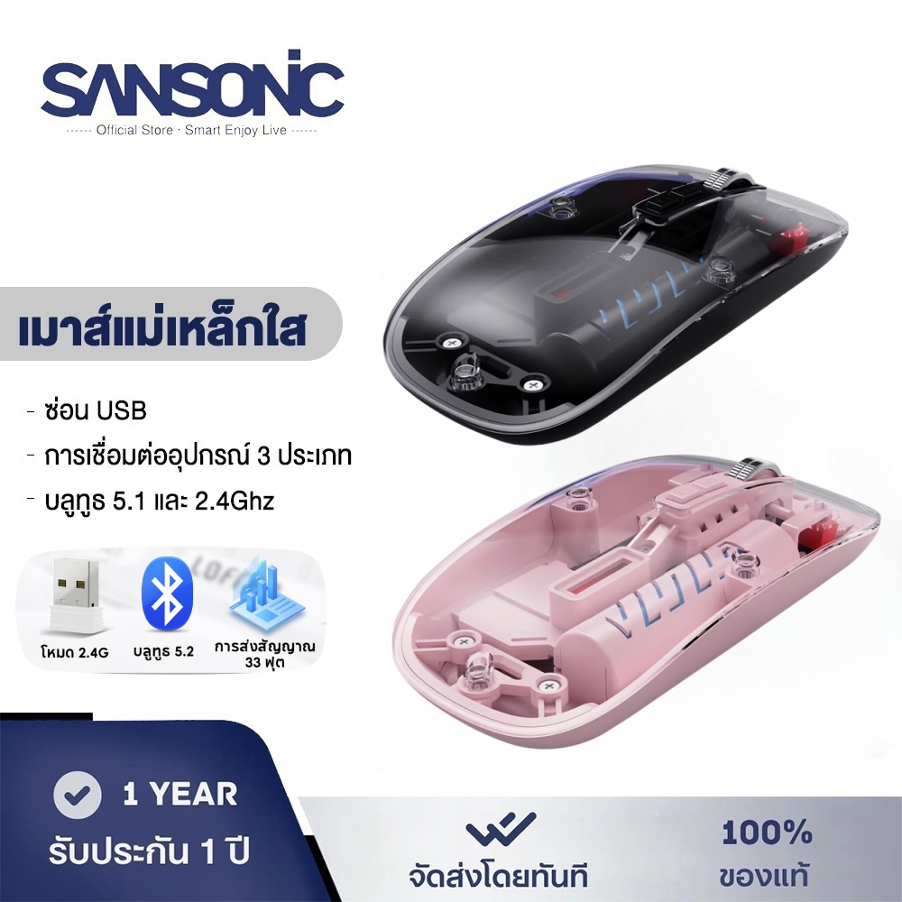 SANSONIC เมาส์ไร้สาย มีแบตในตัว Wireless Mouse ไร้เสียงคลิก โปร่งใสไร้สาย 3 ระดับ DPI 2.4G+Bluetooth 5.0 เมาส์บลูทูธ