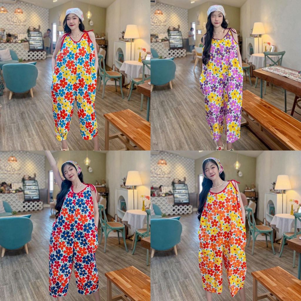 จั้ม5ส่วนลายดอก สายเดี่ยว(สายปรับมัดได้) ผ้าฝ้ายพิมพ์ลาย ฟรีไซส์