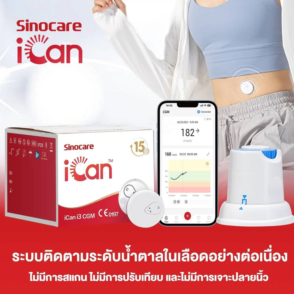 Sinocare iCan CGM เครื่องตรวจน้ำตาลแบบต่อเนื่อง All-in-1 มีแบตเตอรี่ในตัว ใช้ได้ 15 วัน Continuous Glucose Monitoring