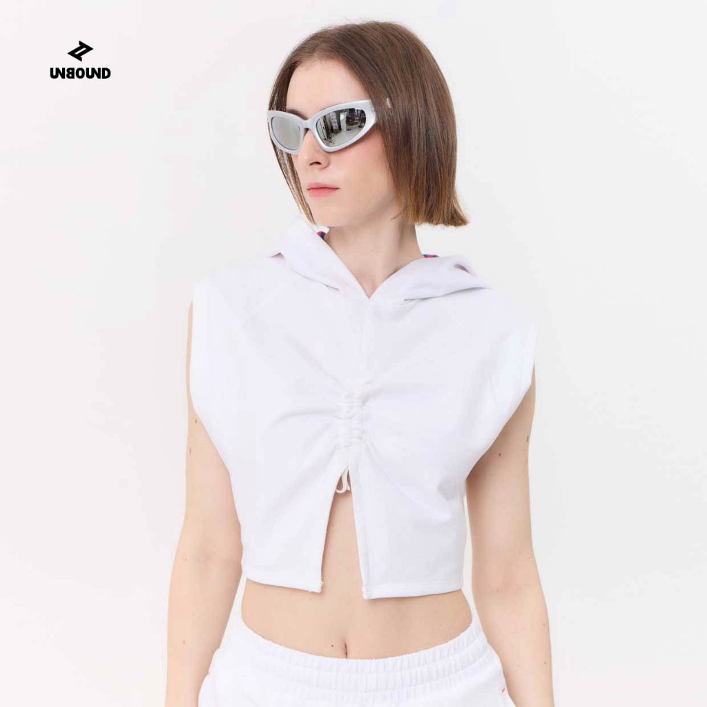 UNBOUND ANDROMEDA SLEEVLESS CROPPED HOODIE > WHITE  เสื้อครอปมีฮู๊ดสีขาว ราคาถูก Shopee Lazada