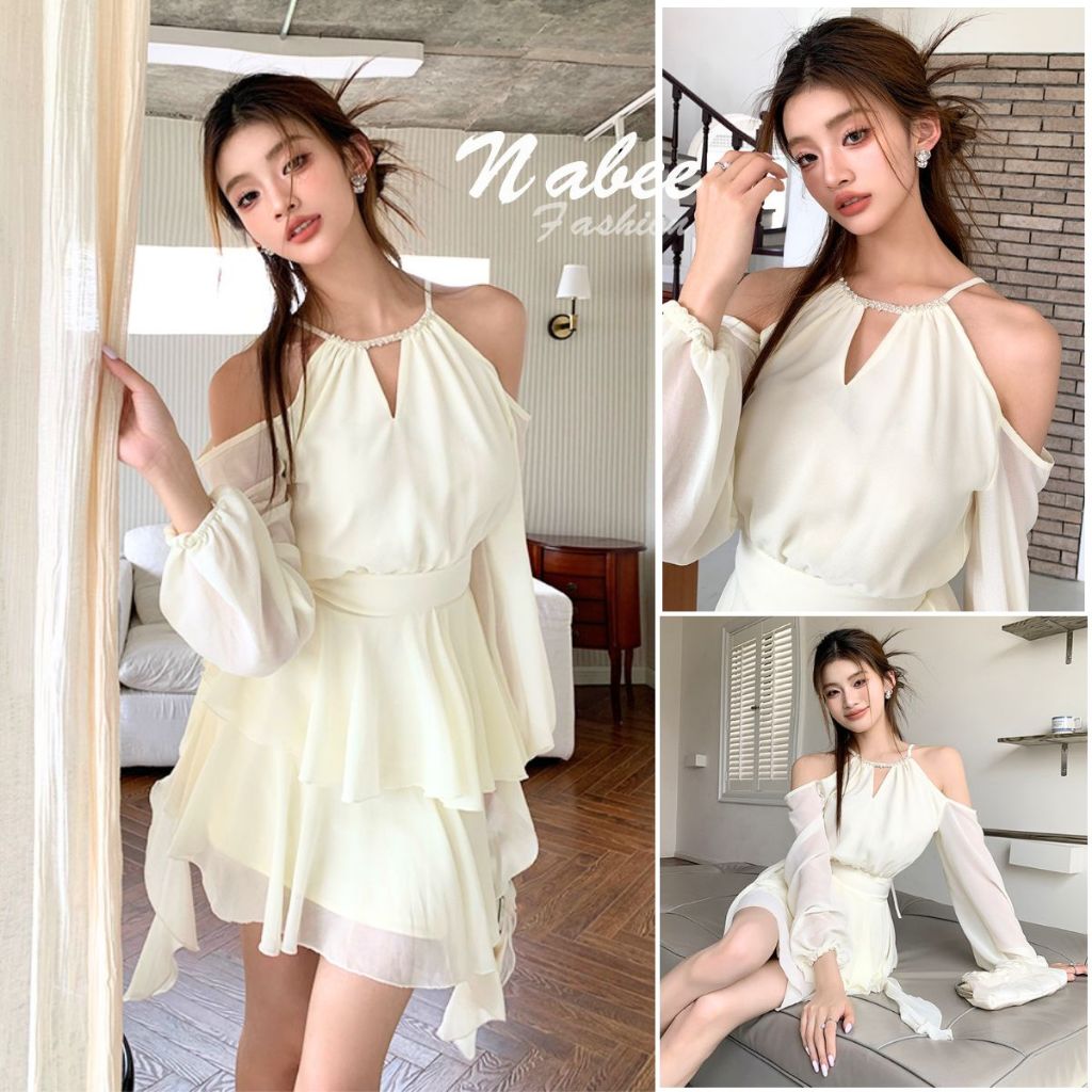 F0093 🔥พร้อมส่ง🔥 ส่งไว ทันใจ ร้านคนไทยค่ะ ❤️ มินิเดรสสีขาวเรียบหรูสวยมากคร่าาา ดีเทลเปิดไหล่ สวยมากก