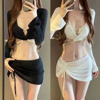ชุดว่ายน้ําบิกินี่ ชุดว่ายน้ำเซ็กซี่ 3ชิ้น ประดับด้วยโซ่ แฟชั่นชุดว่ายน้ำชายหาด มีฟองน้ำ#LT