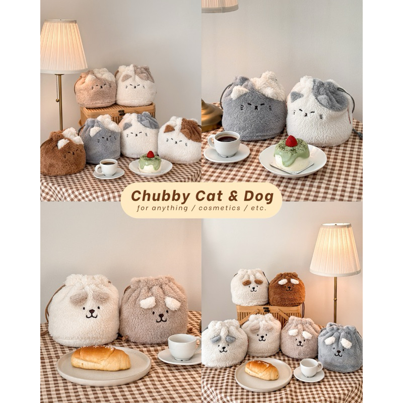 *พร้อมส่ง* - Chubby Happy Dog & Sleepy Cat 🐶🐱🥣✨ : กระเป๋าหูรูดน้องหมาและน้องแมว สายยาวสามารถสะพายไหล่ได้