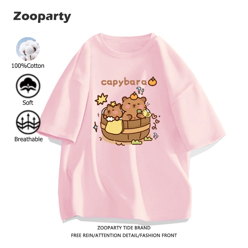เสื้อยืด Capybara ลายพิมพ์การ์ตูนน่ารัก เสื้อยืดสตรี ชมพู แนวโน้ม 100% cotton สไตล์เกาหลี ใส่สบาย ไม่หด ระบายอากาศได้