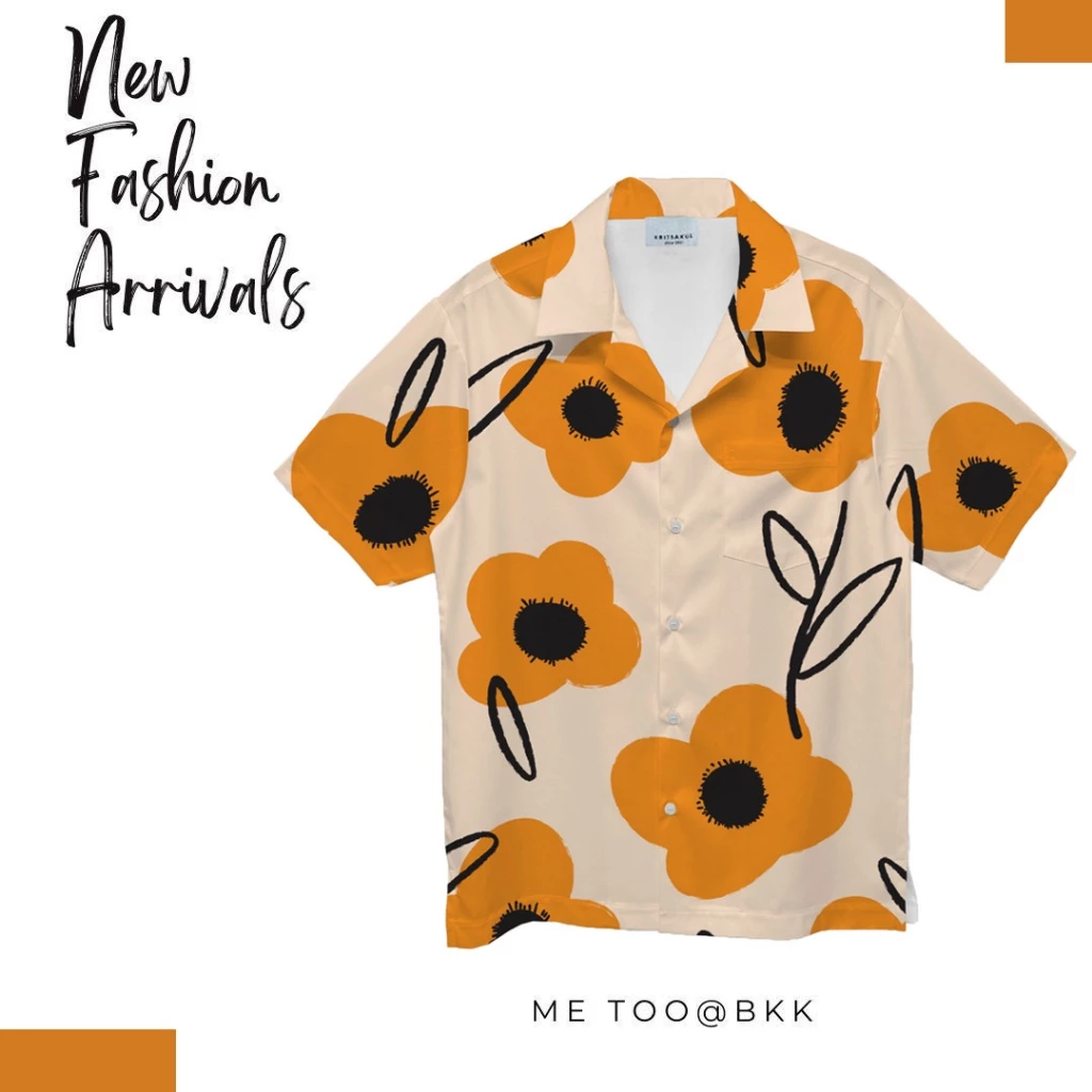 WOLF Hawaii Shirt เสื้อฮาวายแขนสั้น ลายดอกดำส้ม H246 thumbnail 6