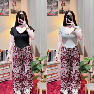ชุดเซ็ต2ชิ้น เซ็ตช้างขายาว เสื้อครอปพอดีตัวกางเกงขายาวลายช้าง ผู้หญิง