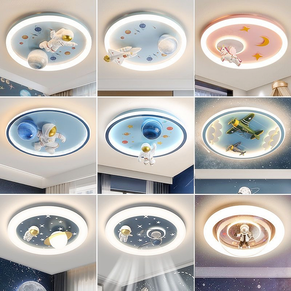 โคมไฟห้องเด็ก(48w+48w) 3สีเด็กชาย เด็กหญิง โคมไฟห้องนอนการ์ตูนสร้างสรรค์นักบินอวกาศอวกาศLEDโคมไฟเพดานทรงกลมป้องกันดวงตา