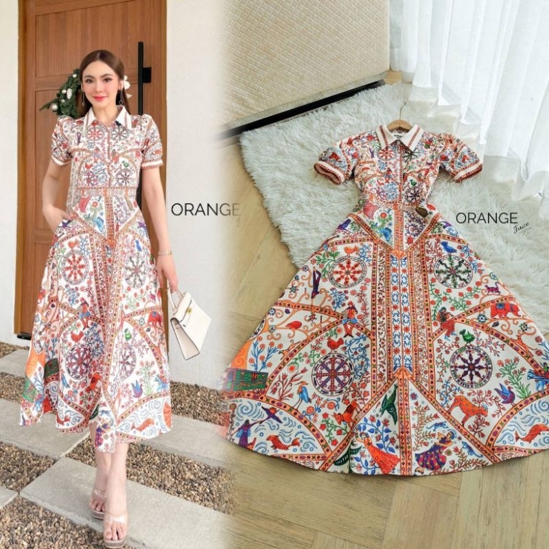 เดรสลายสวยหรู!!! S-5XL Maxi Dress เดรสแขนพองพิมพ์ลายสีส้มกระดุมหน้า งานป้าย Orange Juice
