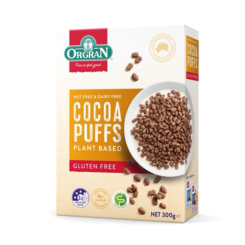 T/F Orgran cocoa puffs plant based gluten free 300g. ออร์แดน ซีเรียลรสโกโก้ นำเข้า