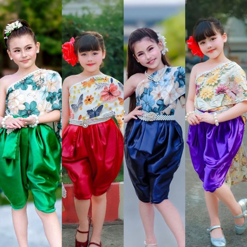 ชุดไทยเด็ก ชุดไทยสไบลายดอก✅พร้อมส่ง(AY)