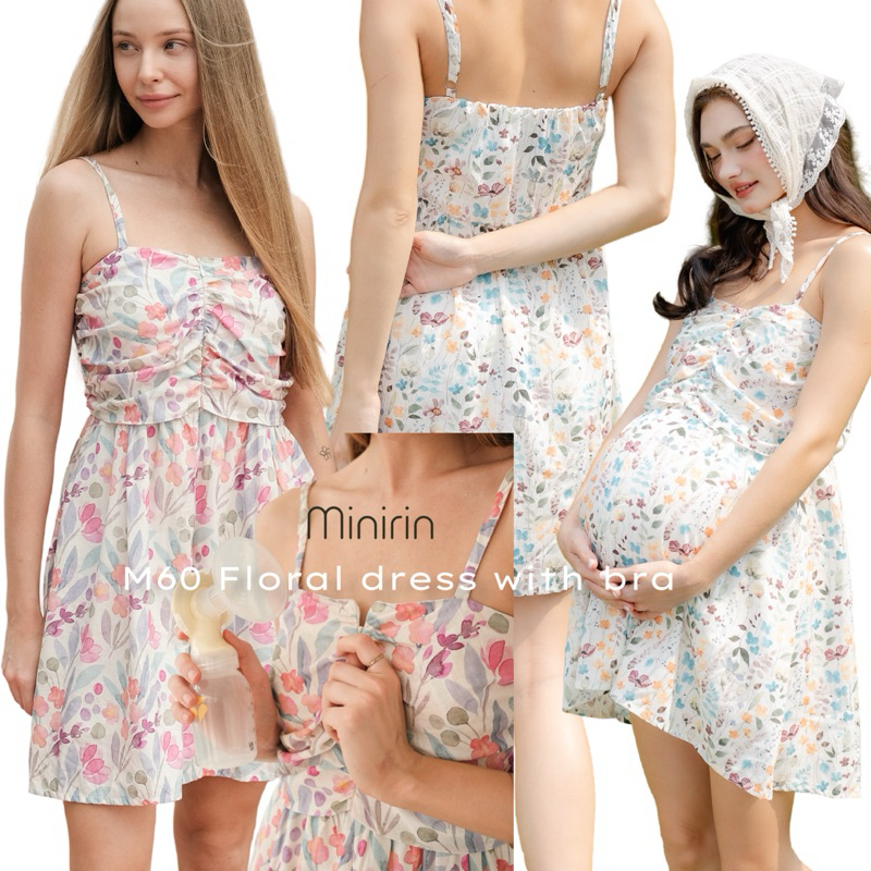 📣มีบราในตัว ไม่ต้องใส่เสื้อชั้นใน 📣 Minirin เดรสคลุมท้อง เดรสให้นม M60 Floral dress with bra มีกางเกงซับในในตัว