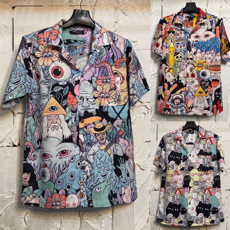 เสื้อฮาวายลายการ์ตูนหลากสี hawaii ไซส์ m l xl 2xl 3xl 4xl ผ้าไหมซาตินอิตาลี่💯%ผ้านิ่มใส่สบายไม่ร้อน ใส่ได้ทั้งชายและหญิง