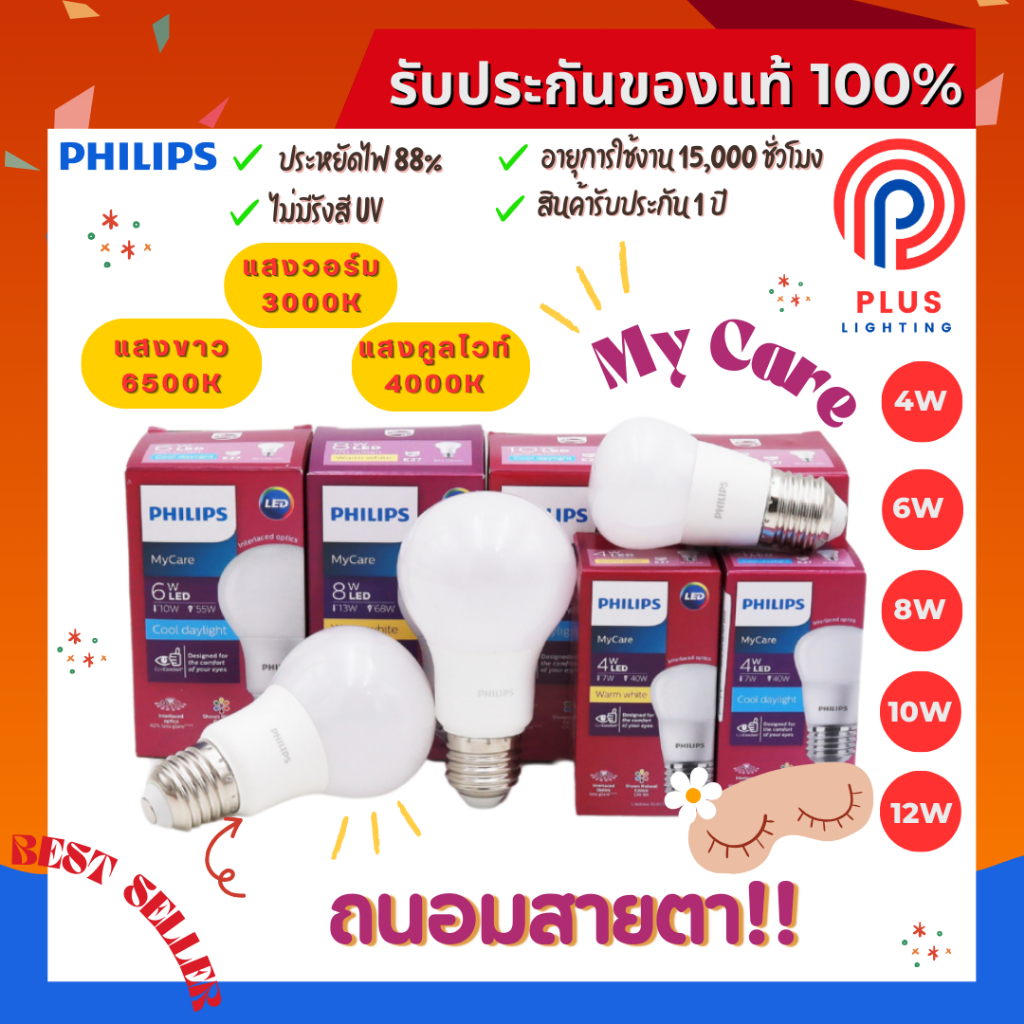 หลอดไฟ ฟิลิปส์ Philips 4W,6W,8W,10W,12W ขั้ว E27 MyCare LED Bulb