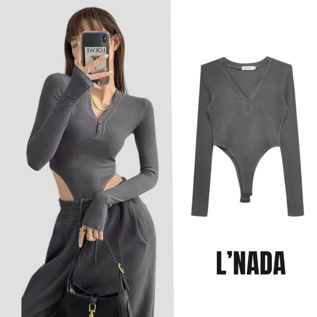 L'NADA บอดี้แขนยาว ตกแต่งกระดุม เนื้อผ้านิ่มใส่สบาย