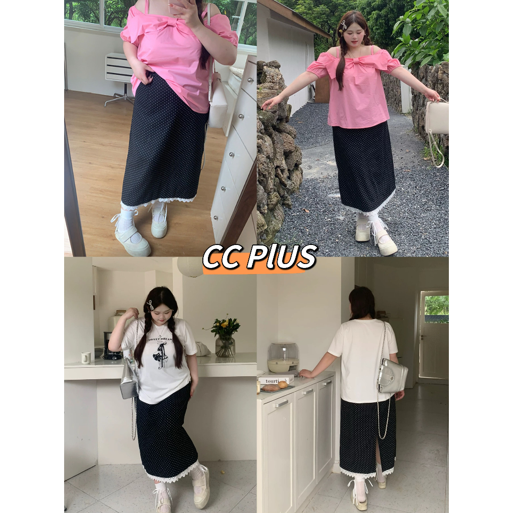 2ชิ้นลด50% (2514) กระโปรงยาวลายจุด แต่งระบายลูกไม้ ซิปข้าง สม็อคหลัง สไตล์สาวพลัสไซส์