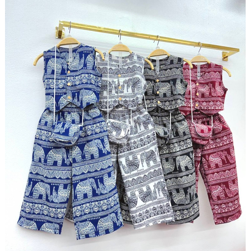 EB ชุดเซทเด็กผู้หญิง ชุดลายช้าง เสื้อติดกระดุมกะลา กางเกงขายาว สม็อคหลัง