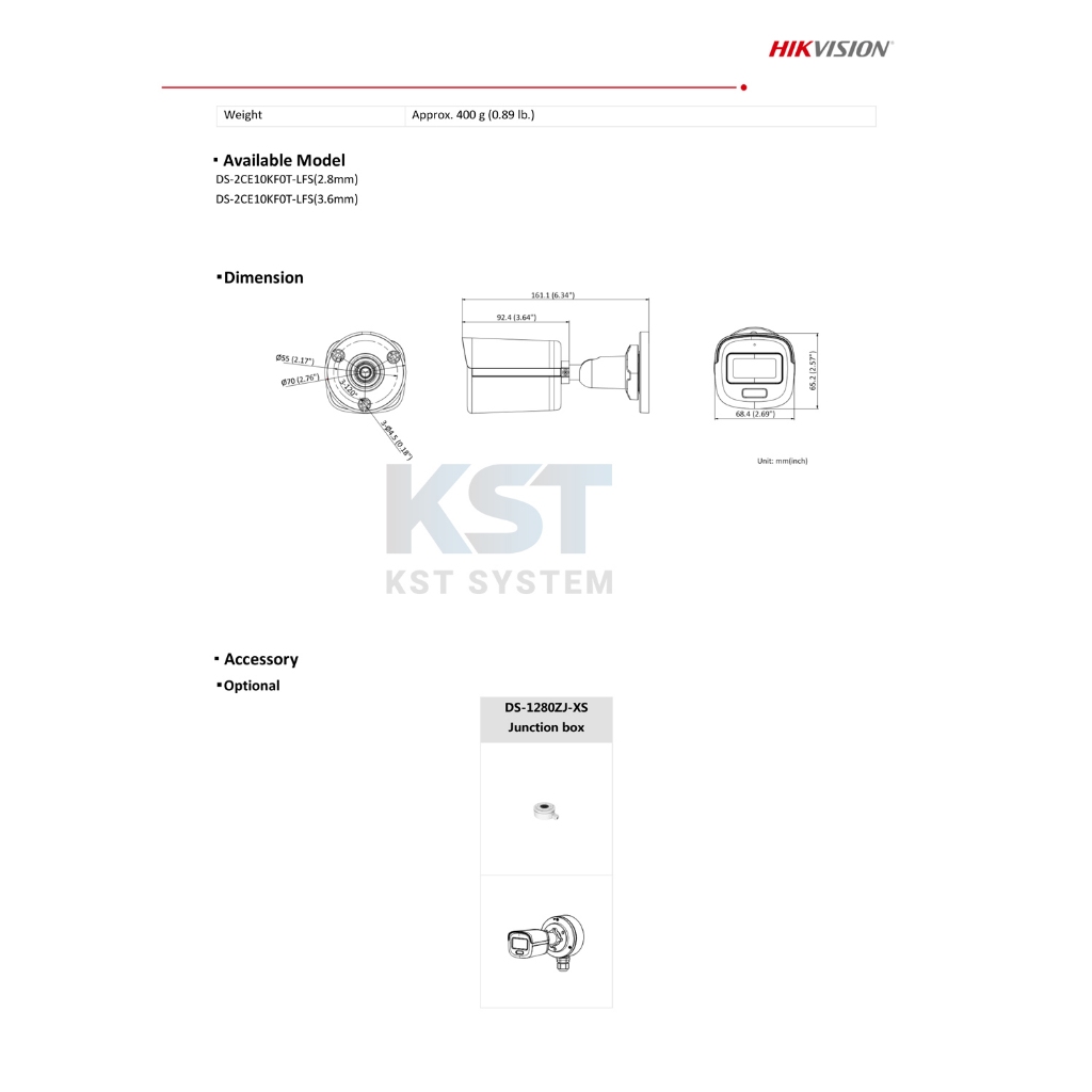 DS-2CE10KF0T-LFS (เลือกเลนส์) กล้องวงจรปิด Hikvision Smart Hybrid Light ColorVu 5MP (ไมค์