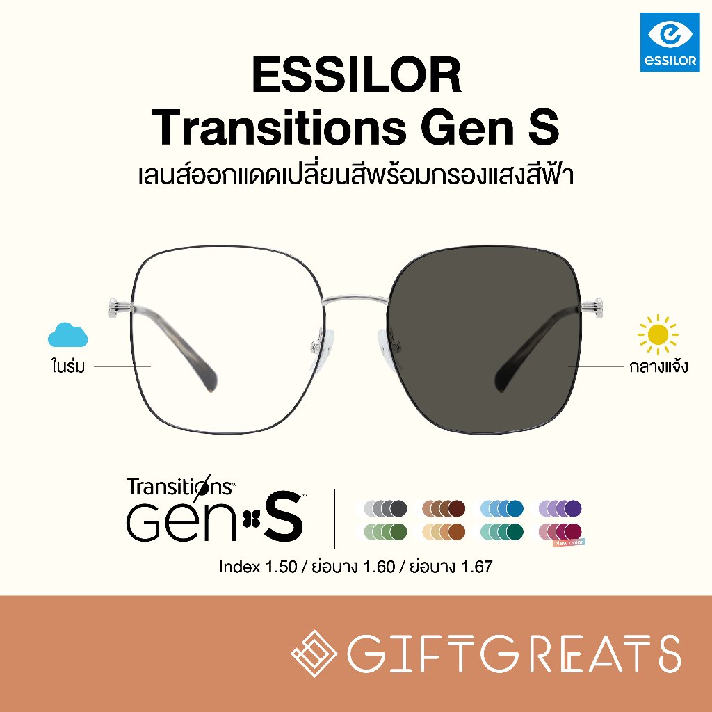 NEW💥 ESSILOR Transition GEN S 1.5-1.74 Iconic Style Colors 8 สี รุ่น Gen S  / Xtractive (เปลี่ยนสีใน