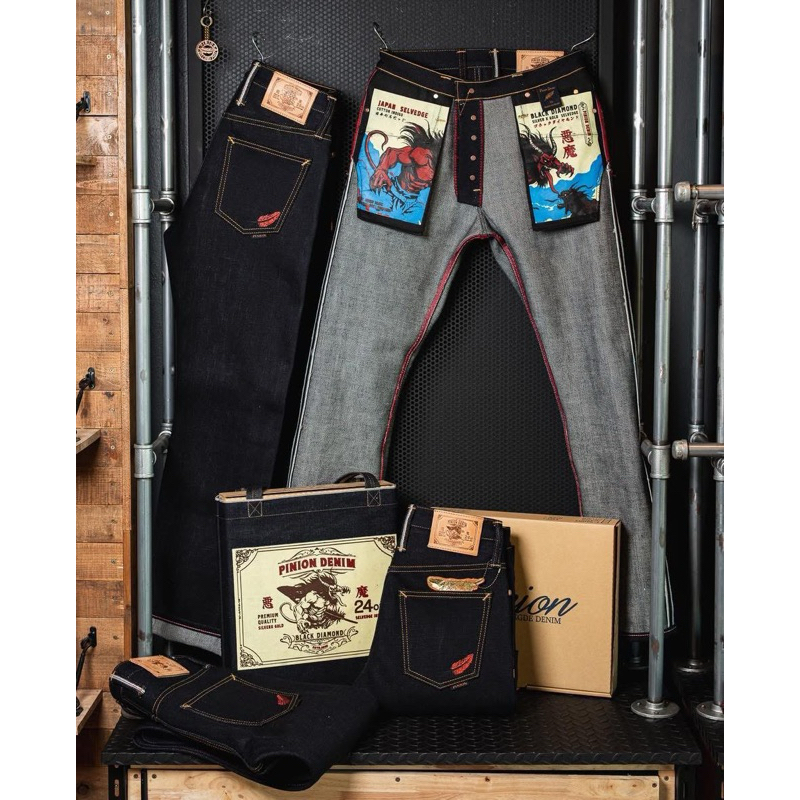 pinion Denim 24ozBy Okayamademinรุ่นอสูร(Japan Red selvedge)indigo x white มีทรงกะบอกเล็กSlimfitและกะบอกตรงstraight