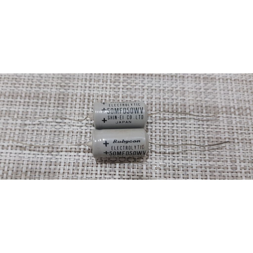 Rubycon Capacitor คาปาซิเตอร์หางหนู Electrolytic Capacitor 50mf/ 50v Made in Japan ขนาด 1.2 x 2.6 cm