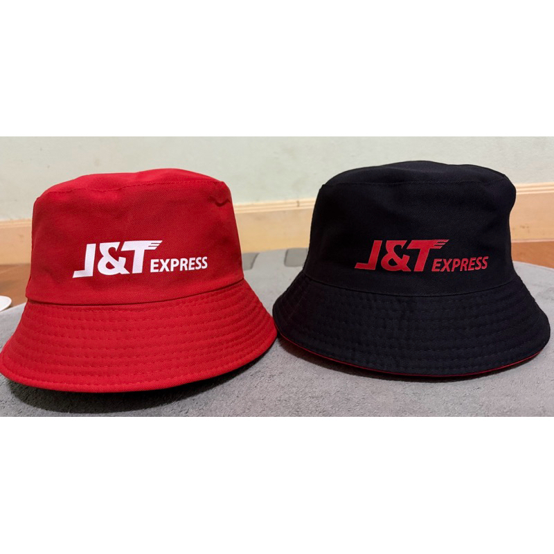 หมวกสรีน J&T -ทรงบัคเก็ต-2in1ใส่ได้สองด้าน2สีใน1ใบดำและแดง