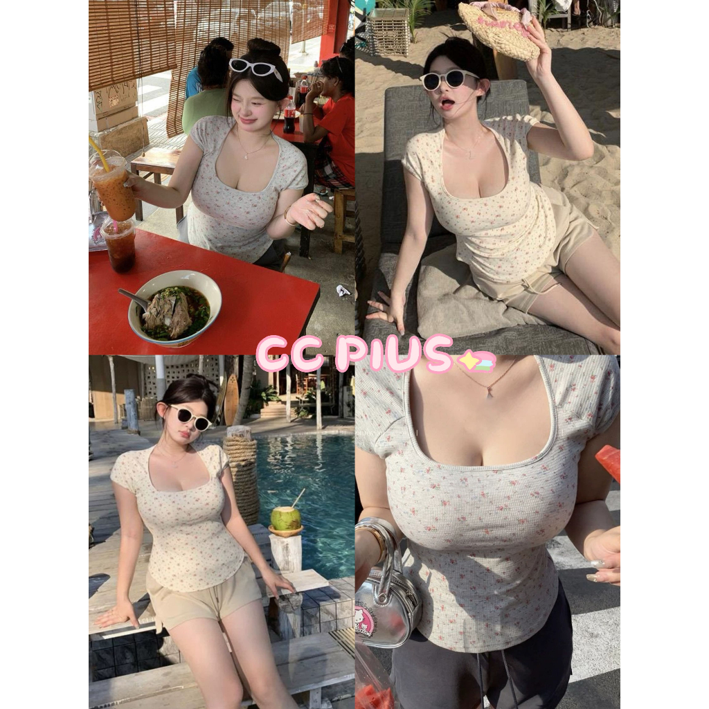 CiCi Plus+(J2005) เสื้อคอเหลี่ยมแขนกุดพิมพ์ลายดอกไม้ทั้งตัวเหมาะกับสาวพลัสไซส์สไตล์คิวท์คิวท์