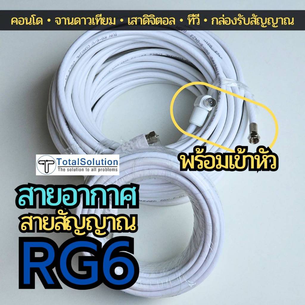 สายอากาศ พร้อมหัว สายRG6 ใช้รับสัญญาณ นำสัญญาณ จานดาวเทียม เสาอากาศ ทีวีดิจิตอล 10 / 15 / 20 เมตร M 