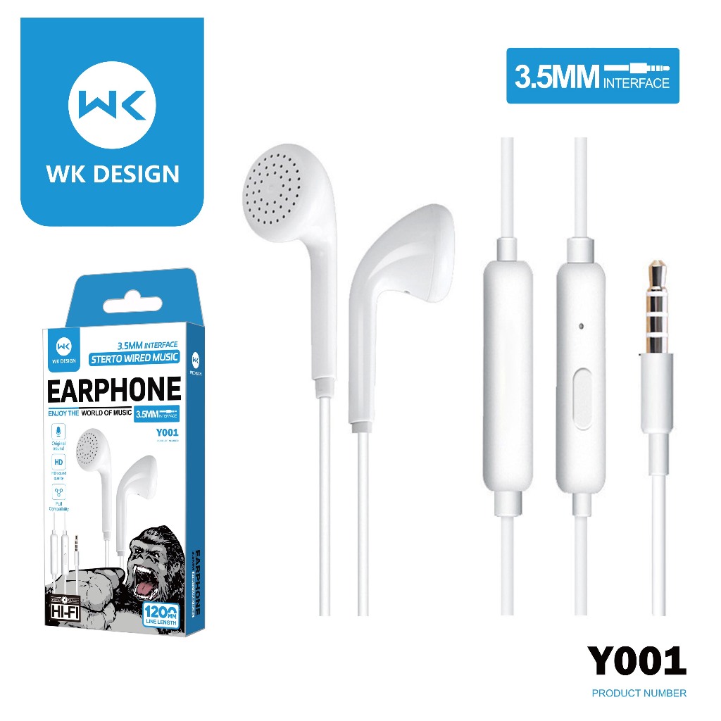 WK หูฟัง KINGKONG 3.5mm Y001 HiFi โทรชัดเจน เบสหนัก เสียงดีมากครับ สำหรับ ios Android pc （รับประกัน 1 ปี）