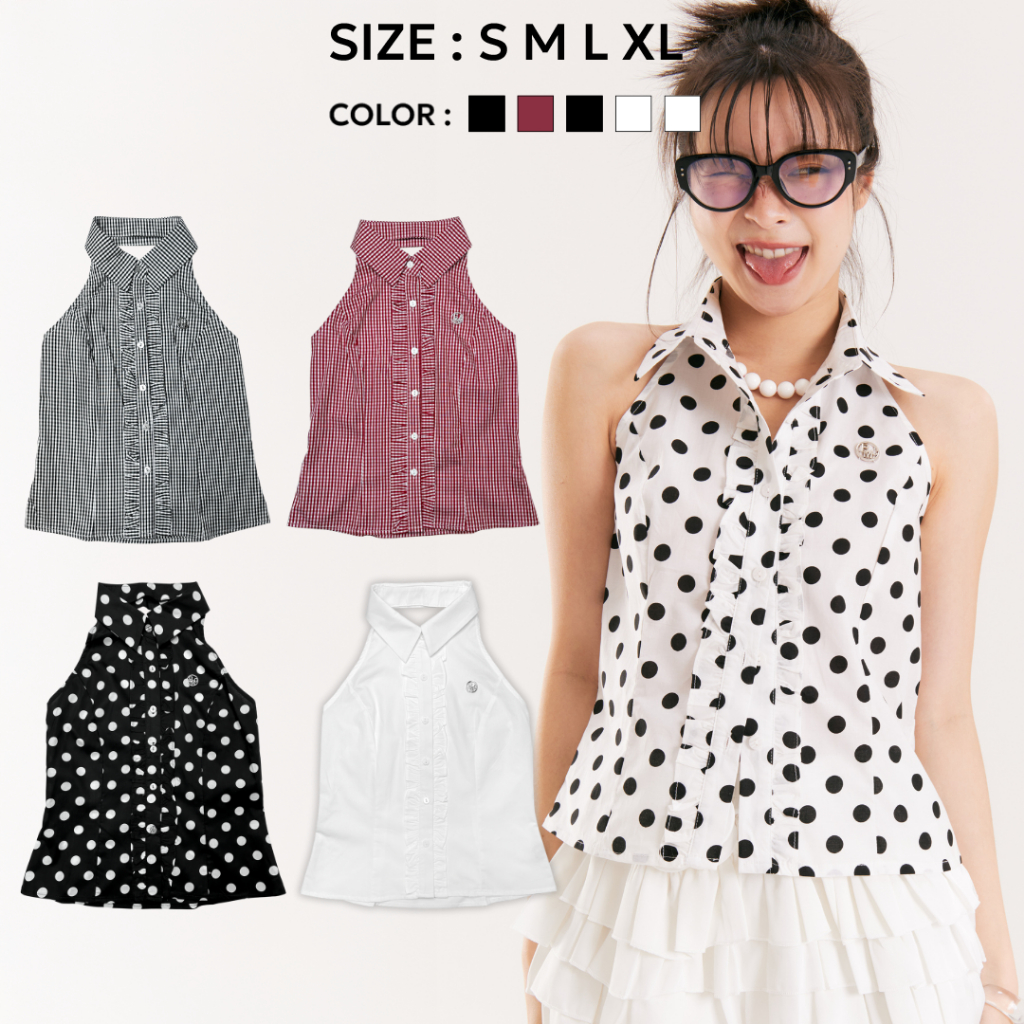 (พร้อมส่ง)Bemingtop916(S-XL)-Dot & Check Sleeveless Shirt – คอปกแขนกุดสุดคลาสสิก