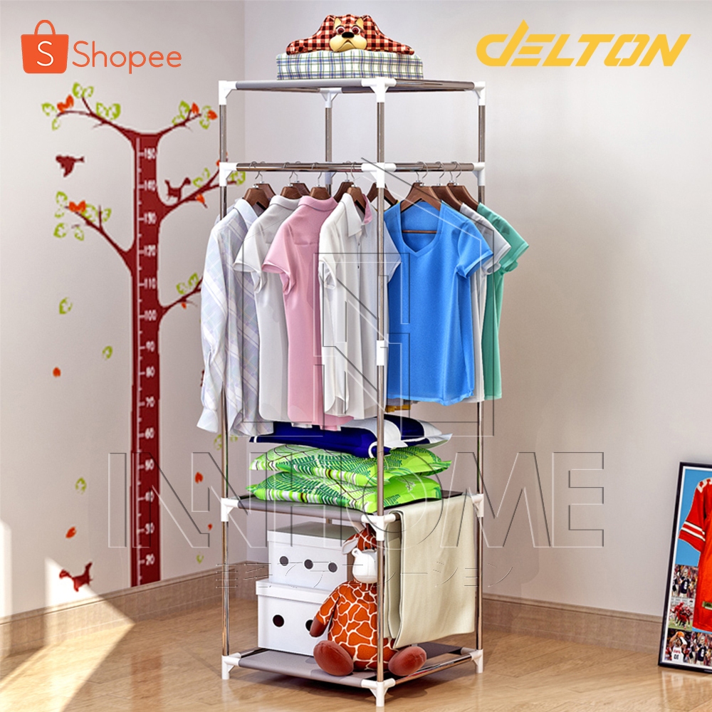 [ลดพิเศษ] InnHome ราวตากผ้า ราวแขวนเสื้อผ้า ราวแขวนผ้า พร้อม ชั้นวางของ 3 ชั้น ราวแขวนเสื้อ รับน้ำหนักได้ 80Kg รุ่น 0104