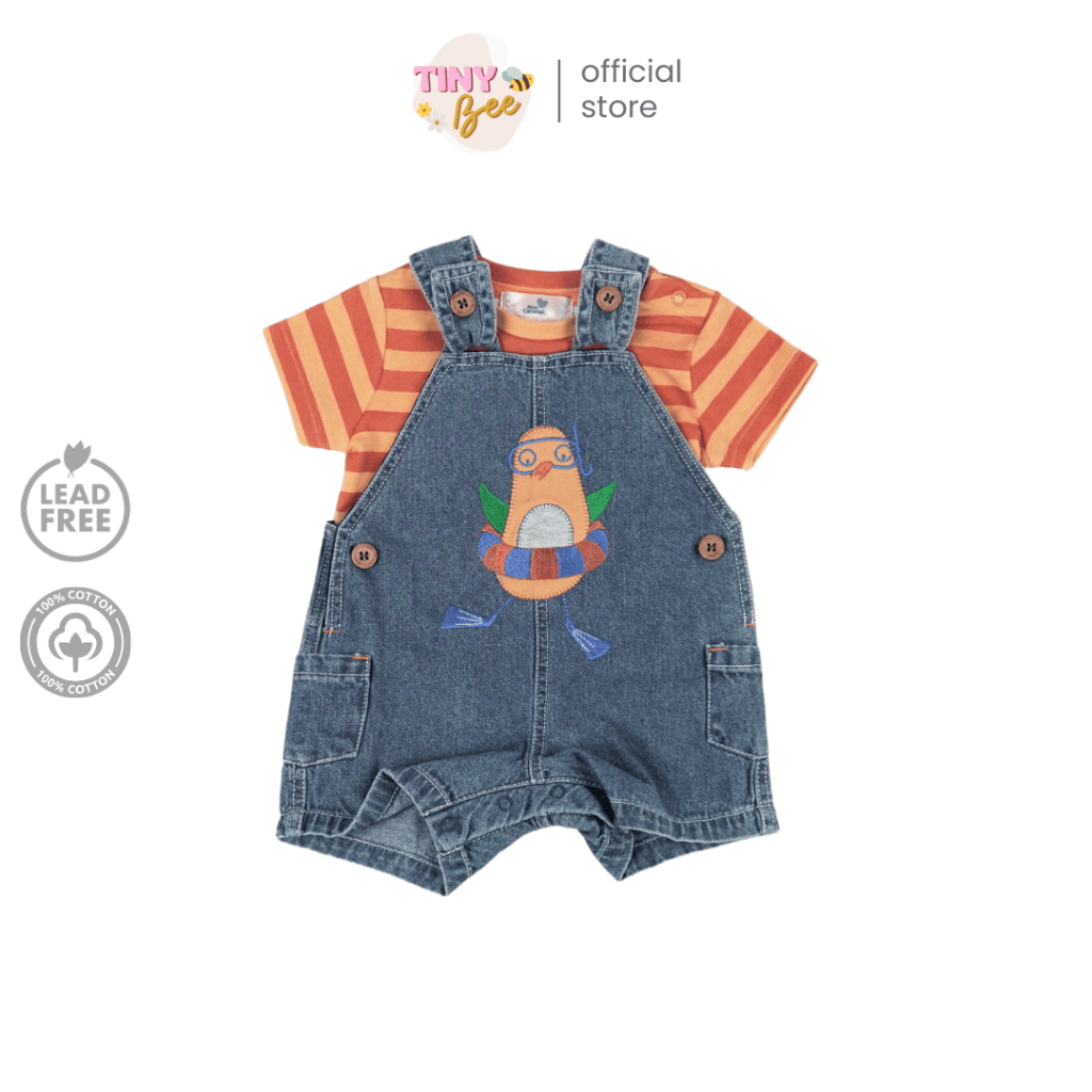 เอี๊ยมกางเกง ชุดหมีสั้น เอี๊ยมยีนส์เด็กผู้ชาย เสื้อCotton 100% ลายนกน้อย เสื้อส้ม อายุ 3-24 เดือน