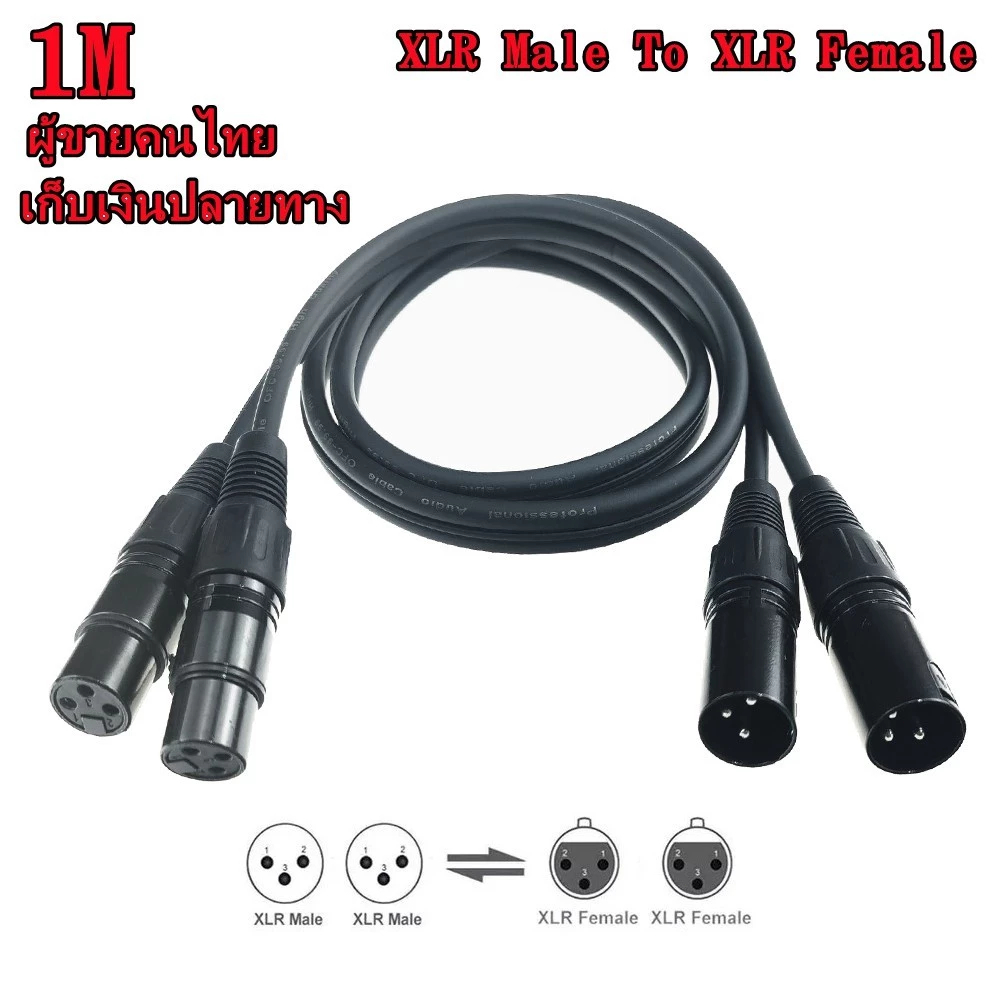 【1M สายดำ】สายสัญญาณเสียง XLR Male To XLR Female (ผู้เมีย) Mic Cable ยาว 1 เมตรXLR-XLR 3Pin สาย เคเบิล ชายหญิง สายเชื่อ