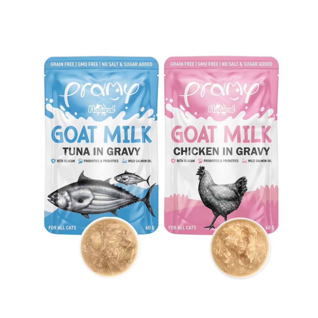 [48 ซอง] Pramy Goat Milk in Gravy อาหารเปียกแมวผสมนมแพะในน้ำเกรวี่ ขนาด 60g