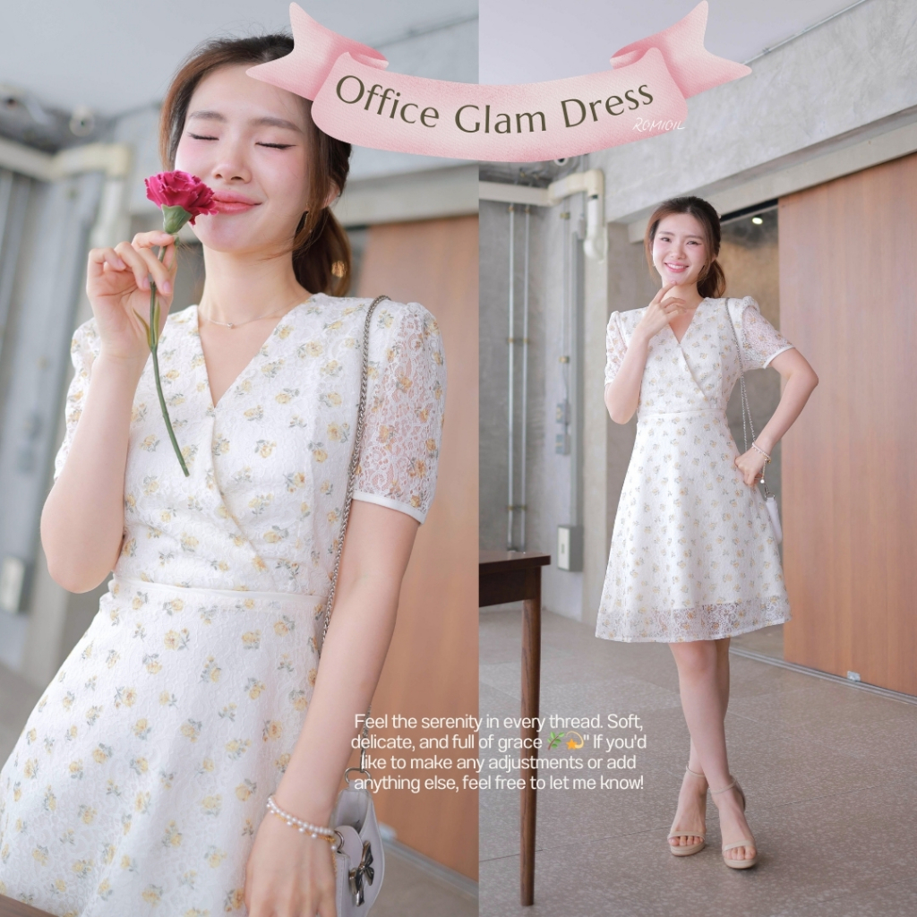 Romi"Oil"Office Glam Dress (Yellow) K160 ชุดเดรสสีเหลือง (คอป้ายลูกไม้มีขอบเอว)