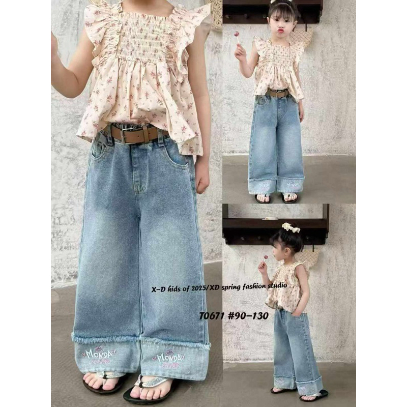 G35 พร้อมส่ง🇹🇭 กางเกงยีนส์ขาปักอักษร เด็กผู้หญิง ผ้านิ่ม มีsize 90-130