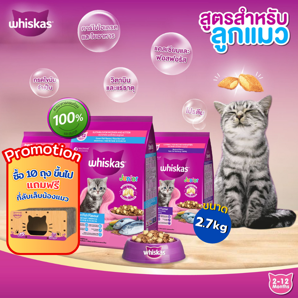 Whiskas Kitten อาหารเม็ดสำหรับลูกแมว2-12เดือนทุกสายพันธุ์ ขนาด 2.7 กิโลกรัม{อาหารแมวเม็ด}