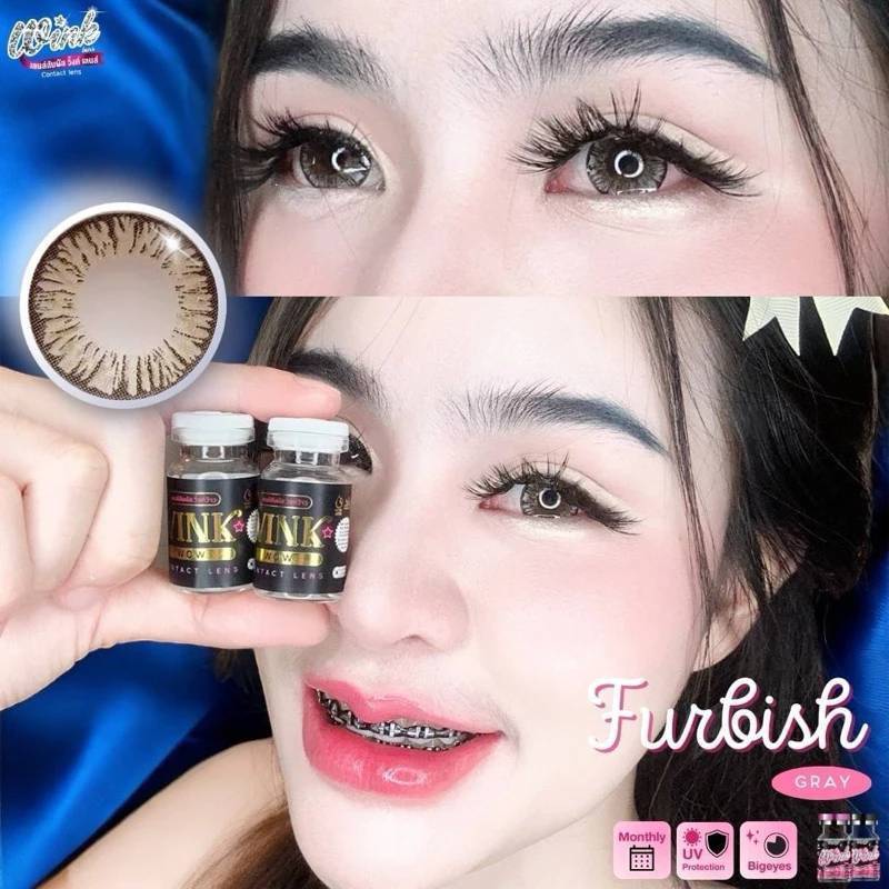 💋 สุดปัง มีค่าสายตา 💋 Wink Furbish Gray Brown บิ๊กอาย สุดปัง สายตาปกติ-10.00 รายเดือน มี อย. แถมตลับฟรี เลนส์นิ่ม สวยปัง