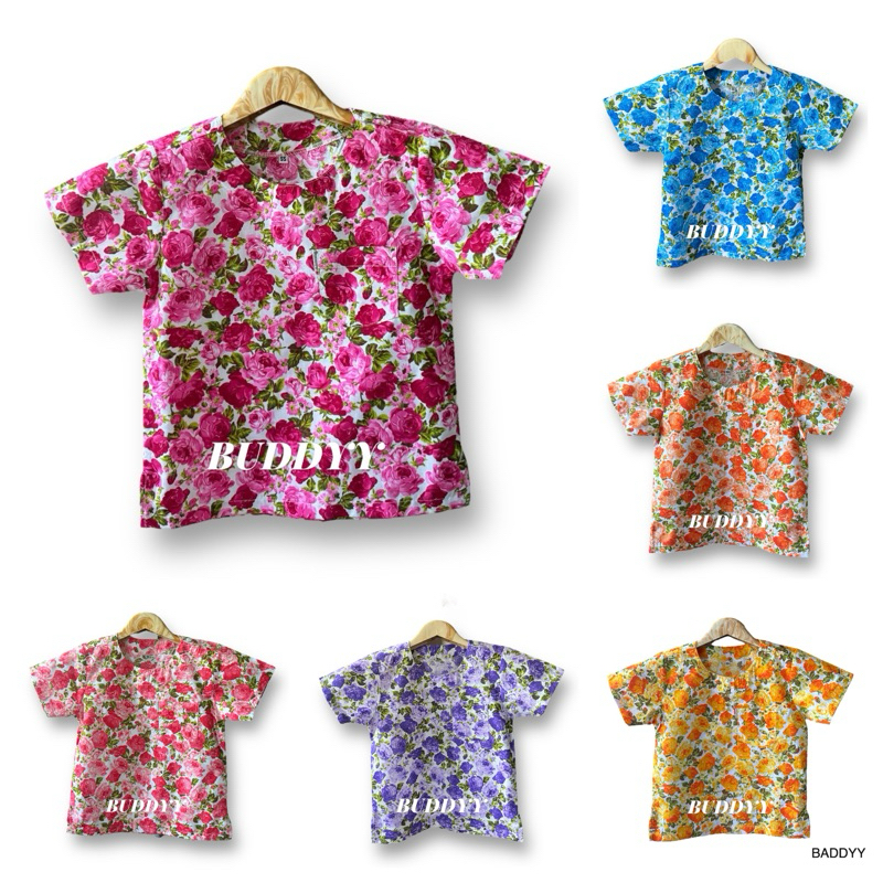 (ส่งด่วนภายใน1วัน)ชุดไทยเด็ก งานโรงเรียน สงกรานต์ คอกลมลายดอกกุหลาบ สีสันสดใส