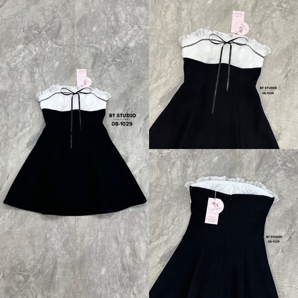 BT 08-1029 เดรสสั้นเกาะอกช่วงขอบอกแต่งระบายสีขาวเดินริบบิ้นสีดำผูกโบตรงกลางอกขาวตัดใต้อกดำไล่ถึงชายก
