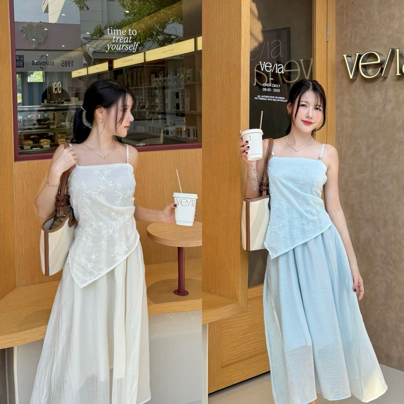 M409- เดรสยาวสายเดี่ยวดีไซน์ด้านหน้า2 ชั้น มีซับใน สาบปรับได้ เดรสทะเล