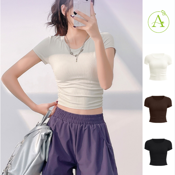 ArayaLady เสื้อครอปแขนสั้น เสื้อออกกำลังกายแขนสั้น จั๊มเอว ทรงสวยใส่สบาย AT-JYTD001